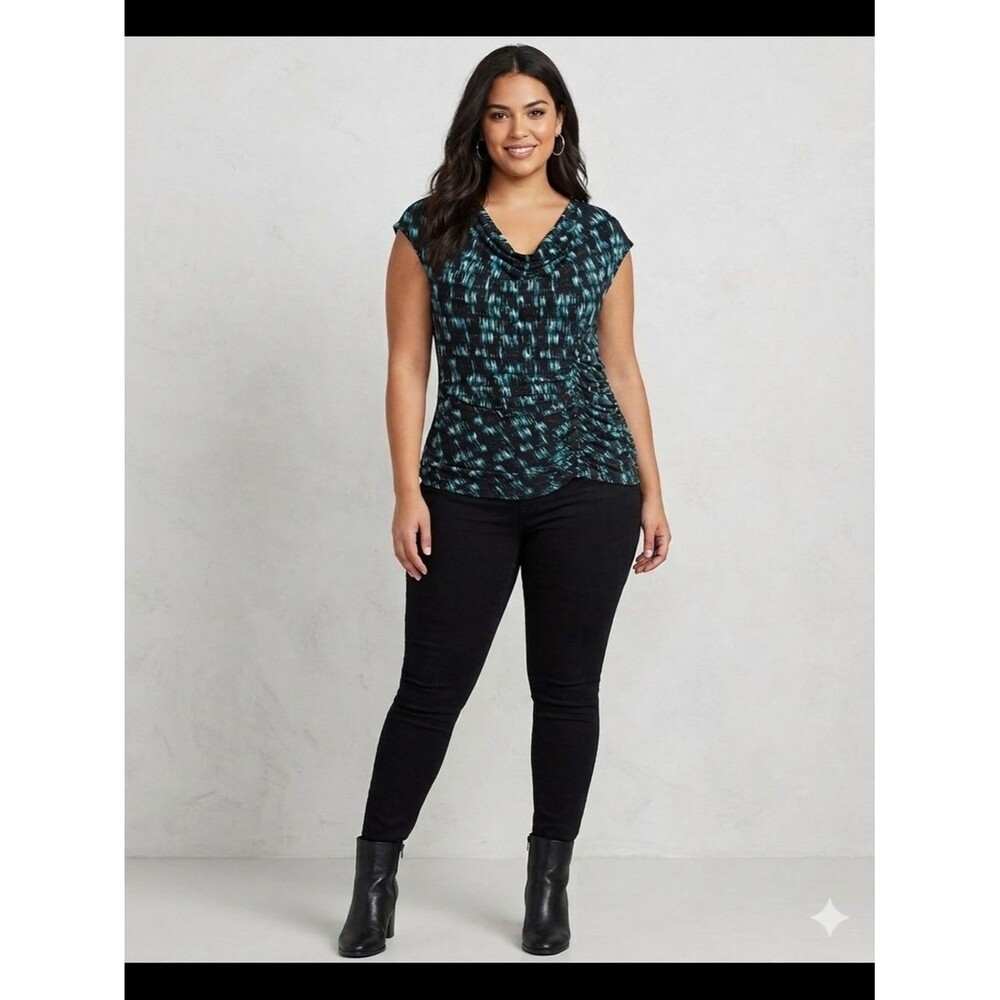 Sofia Vergara London Blue Combo Abstract Cowl Neck Ruched Top S